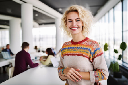 Beauty female portrait. Attractive blond woman wearing striped shirt while looking at camera and smiling.の素材