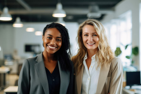 Happy multiethnic businesswomen standing at office while looking at cameraの素材