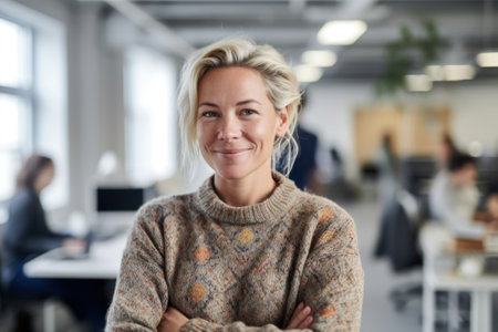 Beauty female portrait. Attractive blond woman wearing striped shirt while looking at camera and smiling.の素材