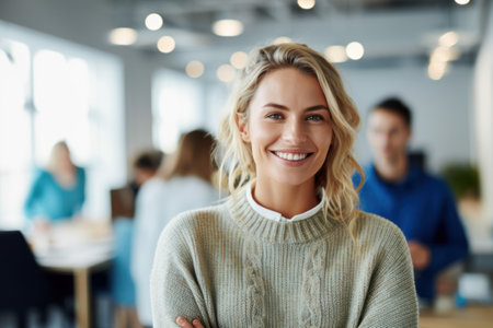 Beauty female portrait. Attractive blond woman wearing striped shirt while looking at camera and smiling.の素材