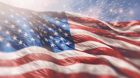 low angle view of stars and stripes on american flag against blue sky. AI Generativeの素材