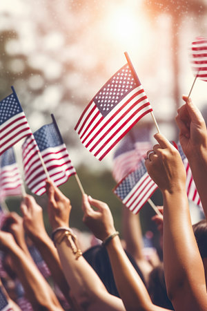 Some hands holding small US flags. AI Generativeの素材