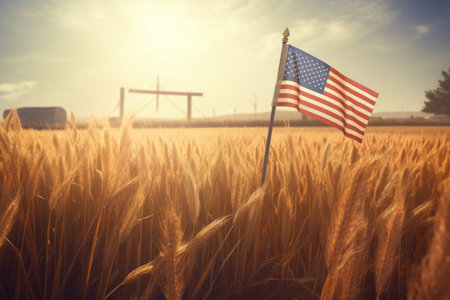 sunlit wheat field, with an American flag standing tall amidst the golden stalks, independence day concept, generative aiの素材