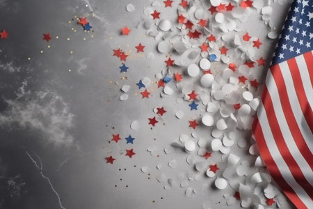 Ribbons and confetti with the colors of the US flag on light background.AI Generativeの素材