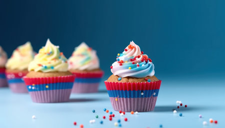 Cup cakes decorated in red and white and blue for 4th July celebration. Generative AIの素材
