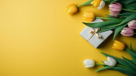 Flat lay photo of gift boxes bouquet of flowers yellow pink tulips colorful hearts baubles on isolated pastel yellow background with copy space. Happy Mother's Day idea. AI Generativeの素材