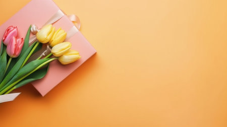 Flat lay photo of gift boxes bouquet of yellow and pink tulips on isolated pastel orange background with copy space. Happy Mother's Day idea. AI Generativeの素材