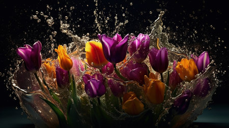 Vibrant color explosion of submerged tulip flowers. Artistic floral vertical mobile screen splash template. AI generative art.の素材
