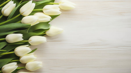 Spring tulip flowers on wood background top view in flat lay style. Greeting for Women or Mothers Day or Spring Sale Banner.AI Generativeの素材