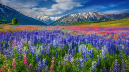 Beautiful view of the alpine meadows near a high mountain range. AI Generativeの素材