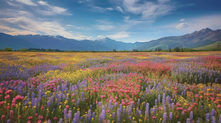 Beautiful view of the alpine meadows near a high mountain range. AI Generativeの素材