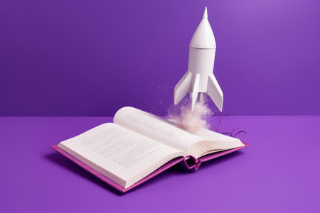 On a pink background, a toy rocket launches from the books and begins to spew smoke. Symbol of the thirst for knowledge and education. Illustration used in schools. Generative AIの素材