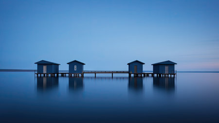 Blue Hour before the sunrise along the dock. AI Generativeの素材