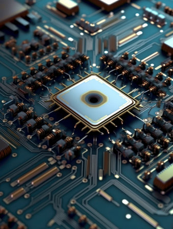 Computer Microchips on Electronic circuit board. Technology microelectronics concept background. AI Generativeの素材