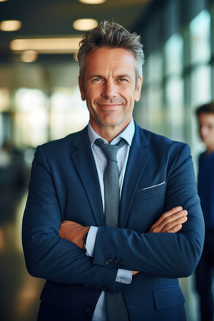 Happy middle aged business man ceo standing in office arms crossed. Smiling mature confident professional executive manager, proud lawyer, confident businessman leader wearing blue suit, portrait.AI Generativeの素材