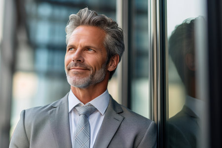 Senior businessman looking through an office window, generative AIの素材