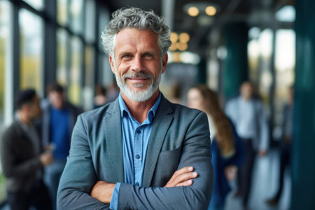 Happy middle aged business man ceo standing in office arms crossed. Smiling mature confident professional executive manager, proud lawyer, confident businessman leader wearing blue suit, portrait.AI Generativeの素材