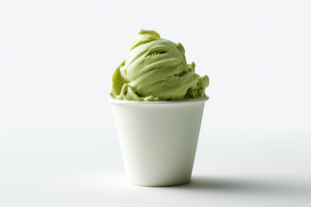 Matcha green tea ice cream with matcha whisk brush setup on white stone background. Summer and Sweet menu concept. AI Generativeの素材