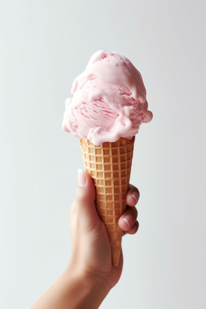 An ice cream in hand. Child's hand holding ice cream close-up on a light background. AI Generativeの素材