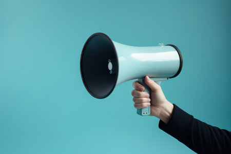 Illustration of hand holding megaphone, marketing and sales concept, blue background. Generative AIの素材