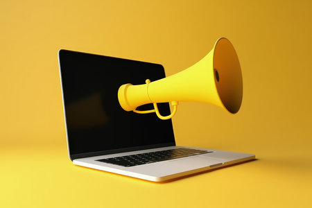 A Laptop with megaphone on screen, marketing concept, yellow background, Generative AIの素材