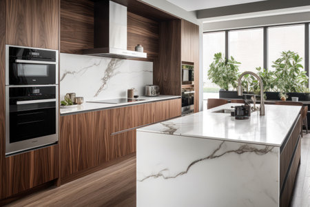 Modern kitchen interior in dark colors. AI Generativeの素材