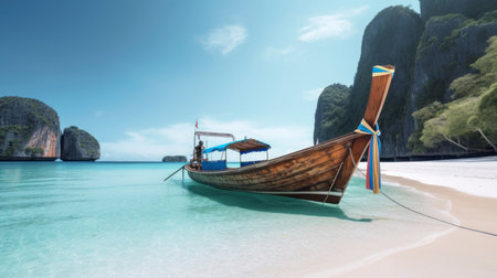 A boat on the sand of Maya bay Phi phi island. AI Generativeの素材
