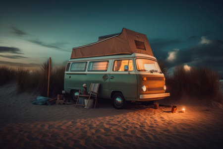 abandoned or old retro caravan living in the middle of the desert with cactus and white blank billboard, generative aiの素材