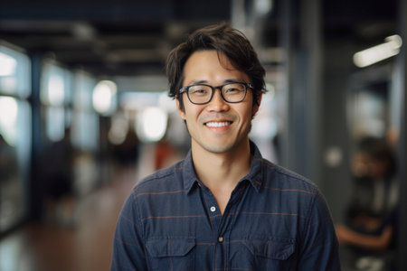Handsome Asian Wearing Glasses and a Dark Blue Shirt Smiling and Looking at Camera. Young South Asian Man Working as Engineer or Scientist in Technology Research Facility. AI Generativeの素材