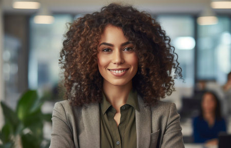 Young african american woman standing in an office with her arms crossed and looking at the camera. Generative AIの素材