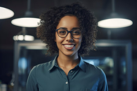 Handsome african american Wearing Glasses and a Dark Blue Shirt Smiling and Looking at Camera. Young african american woman Working as Engineer or Scientist in Technology Research Facility. AI Generativeの素材