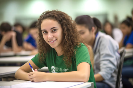 Portrait of diligent teenager girl high school student looking at camera during lesson in college. AI Generativeの素材