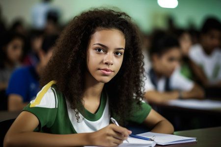 Portrait of diligent teenager girl high school student looking at camera during lesson in college. AI Generativeの素材