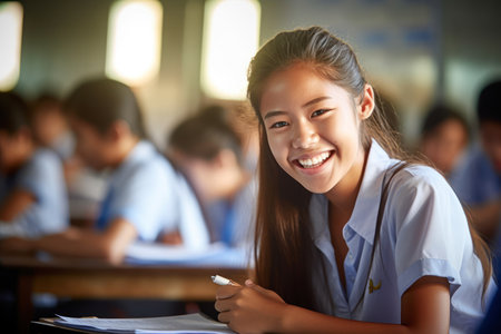 Portrait of diligent teenager girl high school student looking at camera during lesson in college. AI Generativeの素材