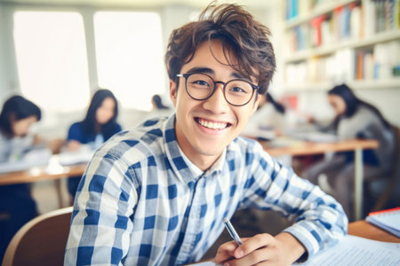Young handsome man in casual wear looking at you while sitting by desk in front of camera and reading in classroom. AI Generativeの素材
