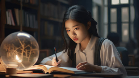 Asian young Student in casual suit reading and doing homework in library of university or college with various book and stationary on the wooden table over the book shelf background, Back to school. AI Generativeの素材