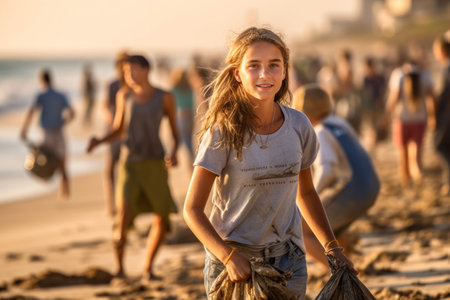 Portrait of a young female volunteer is smiling looking at a camera satisfied with picking up a plastic litter on a beach with a sea to protect an environment.. AI Generativeの素材
