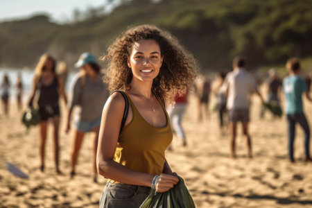 Portrait of a young female volunteer is smiling looking at a camera satisfied with picking up a plastic litter on a beach with a sea to protect an environment.. AI Generativeの素材