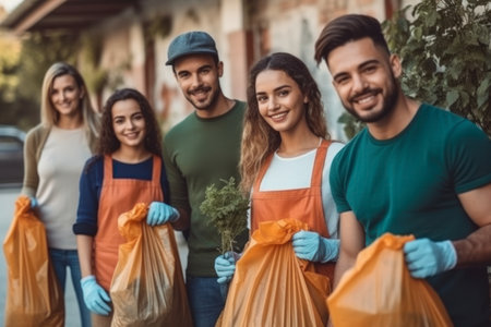 Happy young multiethnic people volunteers in action, wearing t-shirts with garbage packages cleaning up garbage, plastic bottles. AI Generativeの素材