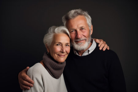Portrait of a loving couple dressed casually standing relaxed, studio shot over dark background. generative AIの素材