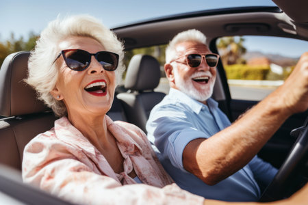 Happy senior couple going on a trip in their car.AI Generativeの素材