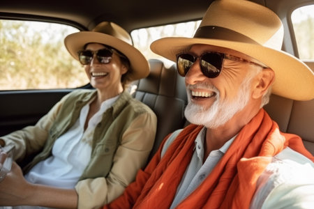 Happy senior couple going on a trip in their car.AI Generativeの素材