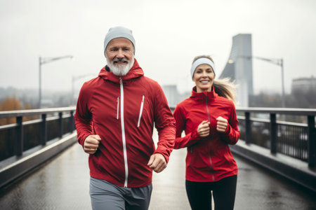Morning activity. Full length shot of active mature family couple in sportswear smiling at each other while jogging together on a sunny morning. Joyful senior couple working out outdoors. AI Generativeの素材