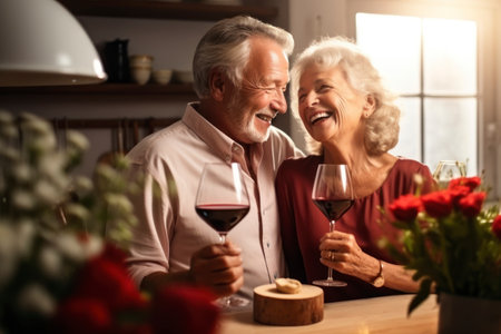 Lovely cheerful stylish attractive romantic couple sitting in the kitchen clinking glasses with red wine looking at each other enjoying time together, handsome man hugging his beautiful lover. AI Generativeの素材