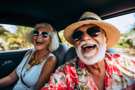 Happy senior couple going on a trip in their car.AI Generativeの素材