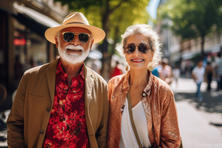 Fashionable senior Caucasian couple wearing stylish sunglasses, enjoying togetherness in city street at sunny day. AI Generative