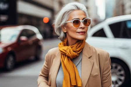 Stylish middle-aged woman in red sunglasses on city street exudes confidence, Enjoying City Life, free copy space. AI Generativeの素材