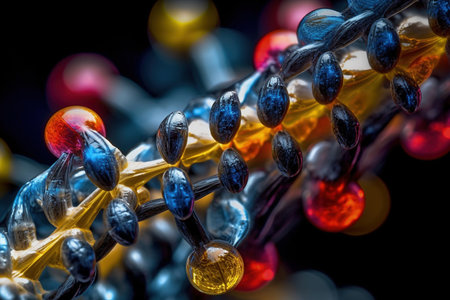 Dna helix enlarged model in bright colors and spots. Concept of genetics, science and medicine. Biotech. 3d rendering copy space toned image. Generative AIの素材