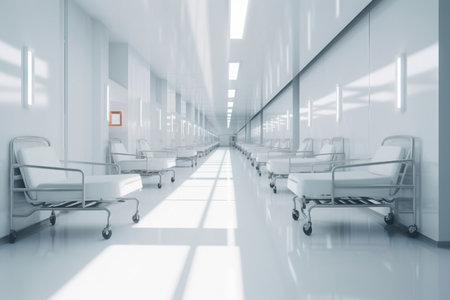 Hallway of hospital close up wallpaper, illustration for product presentation template, copy space dark background. Ai generativeの素材