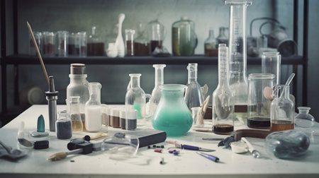 Chemistry lab laboratory technical equipment with many glassware bottle for medicine research. Generative AIの素材